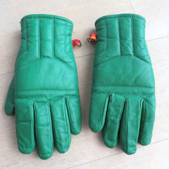 Vintage Kombi Green Leather Gloves Quilted Design Elastic Cuff Nylon Fleece Line - Picture 1 of 6